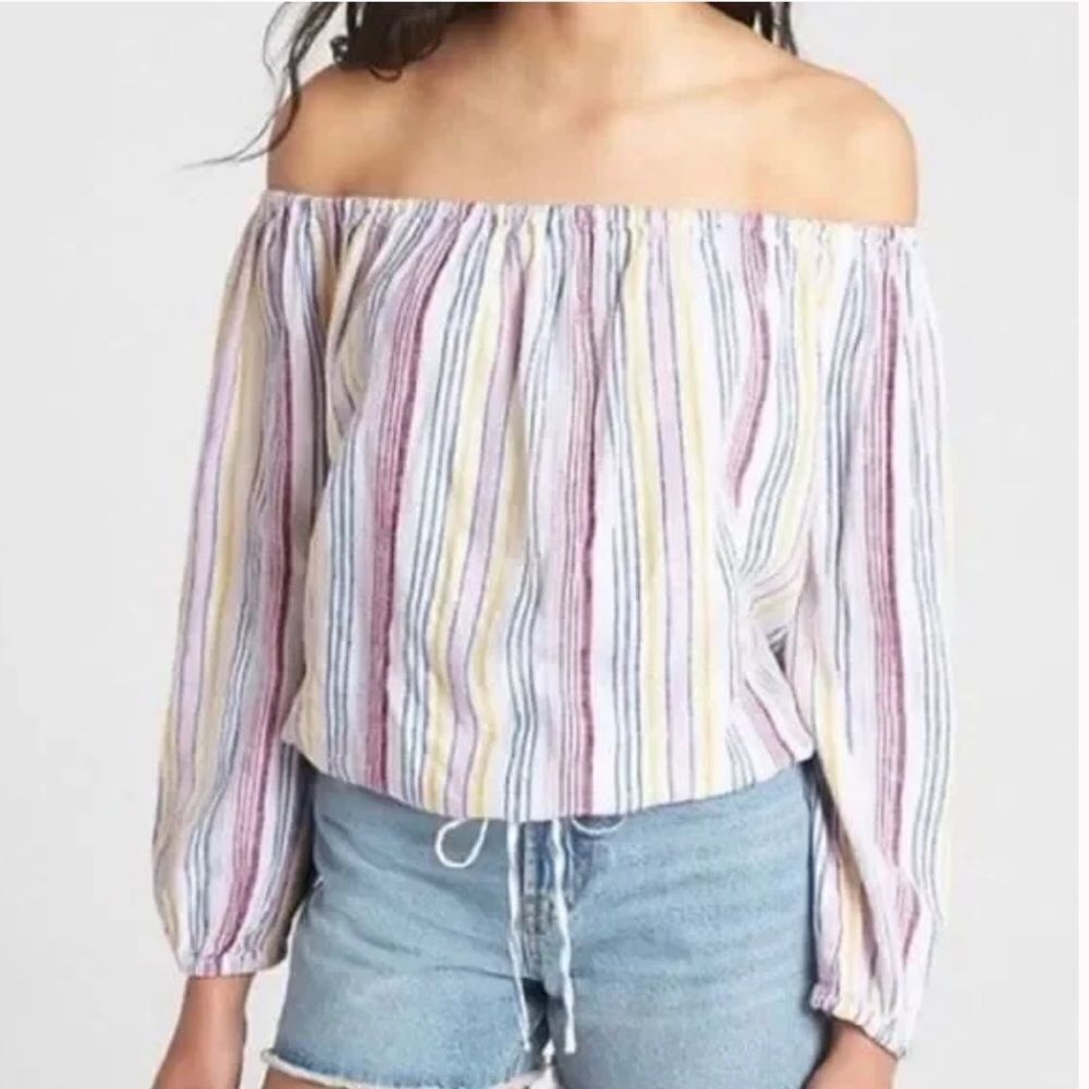 GAP Linen Striped Off Shoulder Long Sleeve Tie Waist Blouse Top Shirt White XS